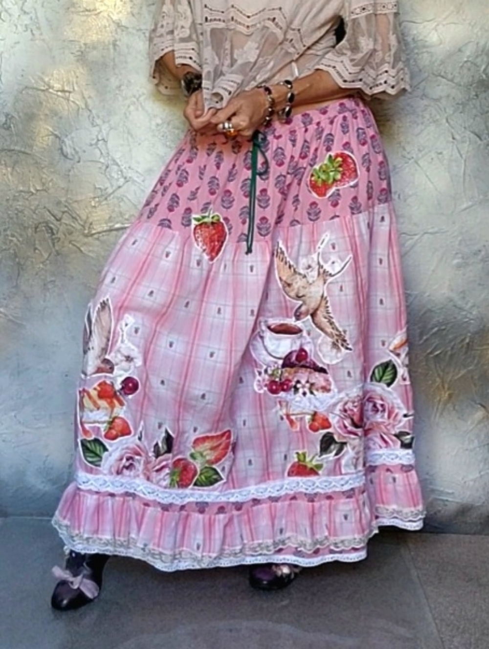 Maxi Skirt Vintage Lace Cottage European Cotton Tea Cup Rose Bird